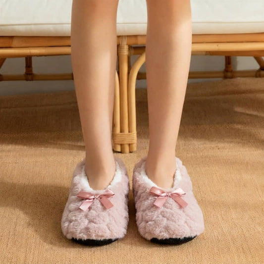 Chaussettes pantoufles d'intérieur en peluche avec nœud en satin multicolore - Rose - 40(US5-7) - image 0