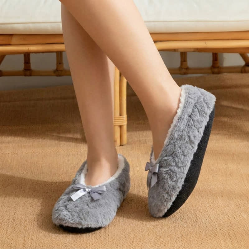 Chaussettes pantoufles d'intérieur en peluche avec nœud en satin multicolore - Gris - 40(US5-7) - image 4
