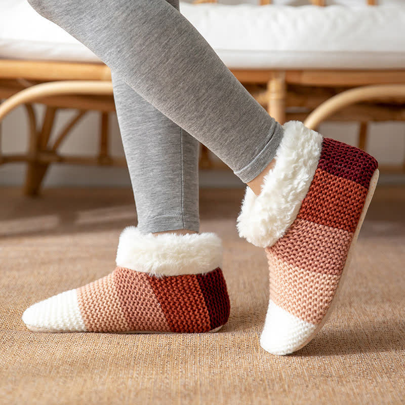 Chaussettes-chaussons à revers en polaire rayée et colorée - Rouge - EU36-42(US3-8.5) - image 0