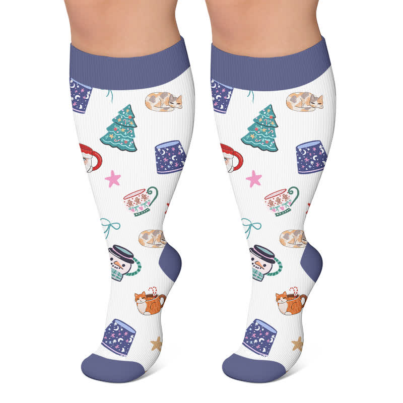 Tasse de chocolat chaud Chat endormi de Noël Chaussettes de compression - Blanc - 4XL - image 5