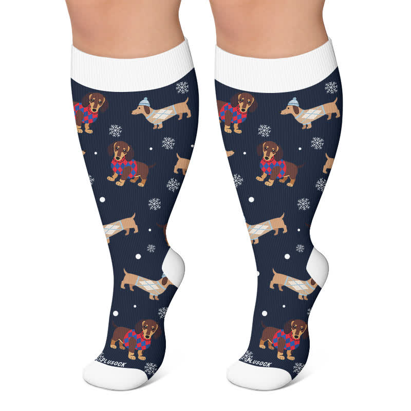 Chaussettes de compression grandes tailles pour Noël avec rennes et teckels - Bleu foncé - 4XL - image 4