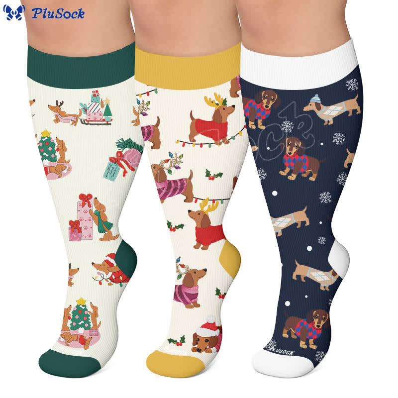 Chaussettes de compression grandes tailles pour Noël avec rennes et teckels - image 0