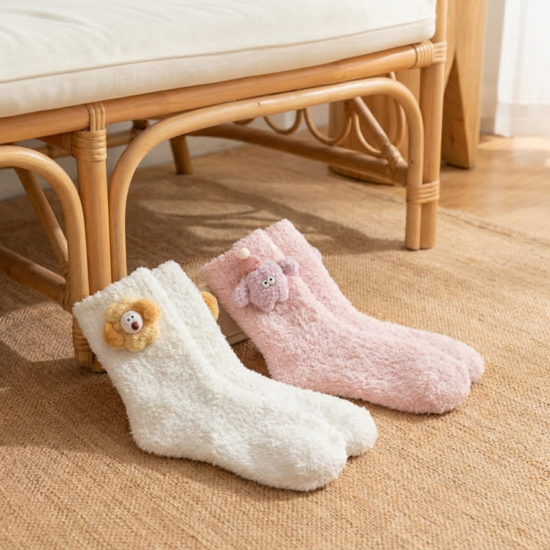 Chaussettes mi-mollet doublées en sherpa avec motif animal duveteux (2 paires) - Vert clair + rose - EU36-42(US3-8.5) - image 10