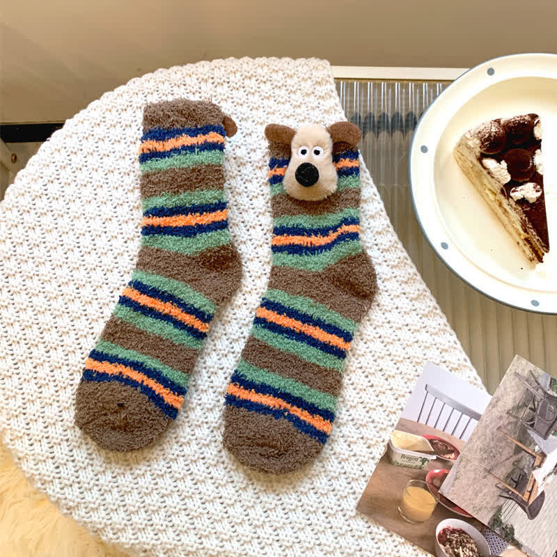 Chaussettes montantes duveteuses à rayures avec oreilles de chiot (4 paires) - Café - EU36-42(US3-8.5) - image 6