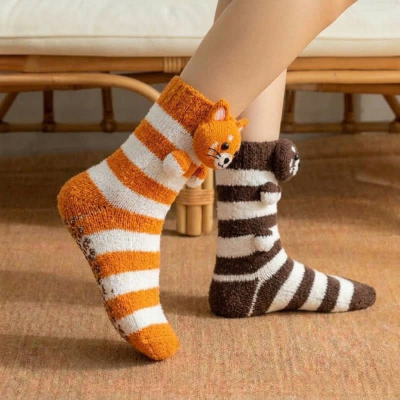Chaussettes-chaussons rayées en peluche avec un adorable panda roux - image 1