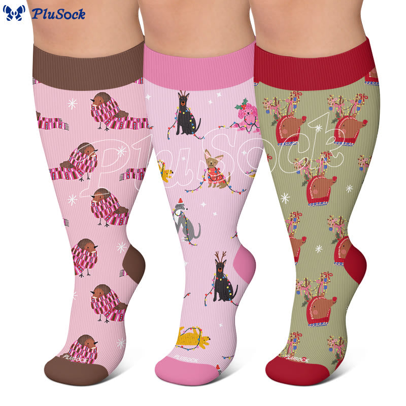 Chaussettes de compression grandes tailles à motifs animaux de Noël - image 0