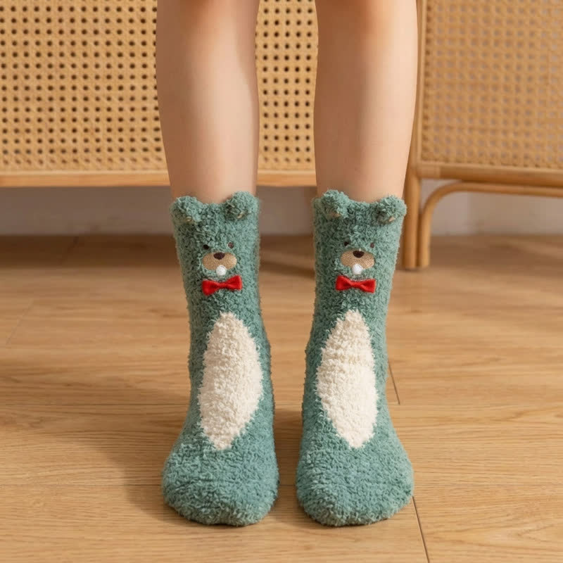 Chaussettes-chaussons en peluche avec nœud papillon ours mignon - Vert - EU36-42(US3-8.5) - image 1