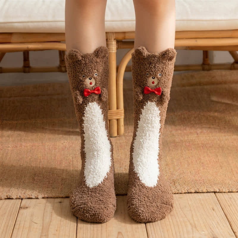 Chaussettes-chaussons en peluche avec nœud papillon ours mignon - Café - EU36-42(US3-8.5) - image 4
