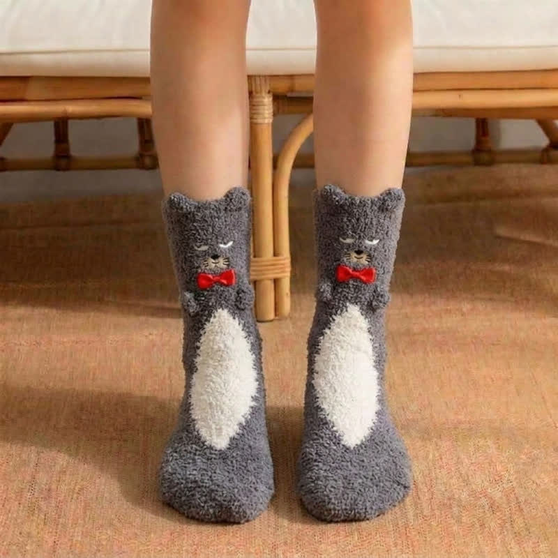 Chaussettes-chaussons en peluche avec nœud papillon ours mignon - Gris - EU36-42(US3-8.5) - image 2