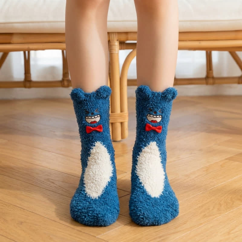 Chaussettes-chaussons en peluche avec nœud papillon ours mignon - Bleu marine - EU36-42(US3-8.5) - image 0