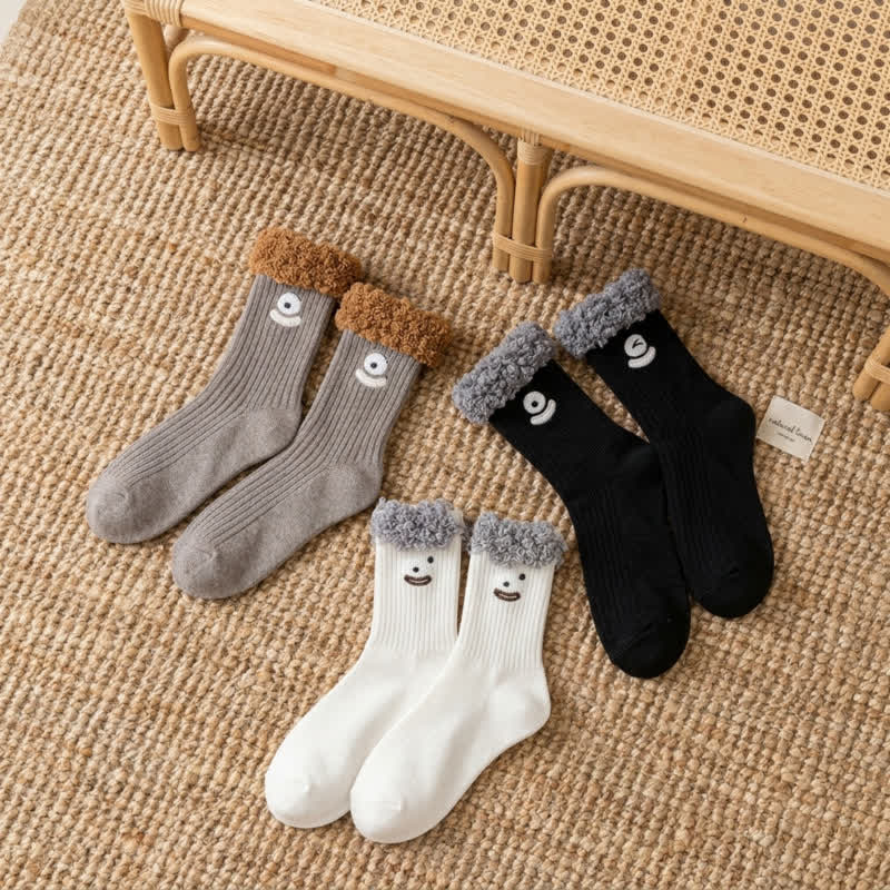 Chaussettes courtes à motif visage souriant mignon (3 paires) - Marron + Beige + Noir - EU36-42(US3-8.5) - image 1