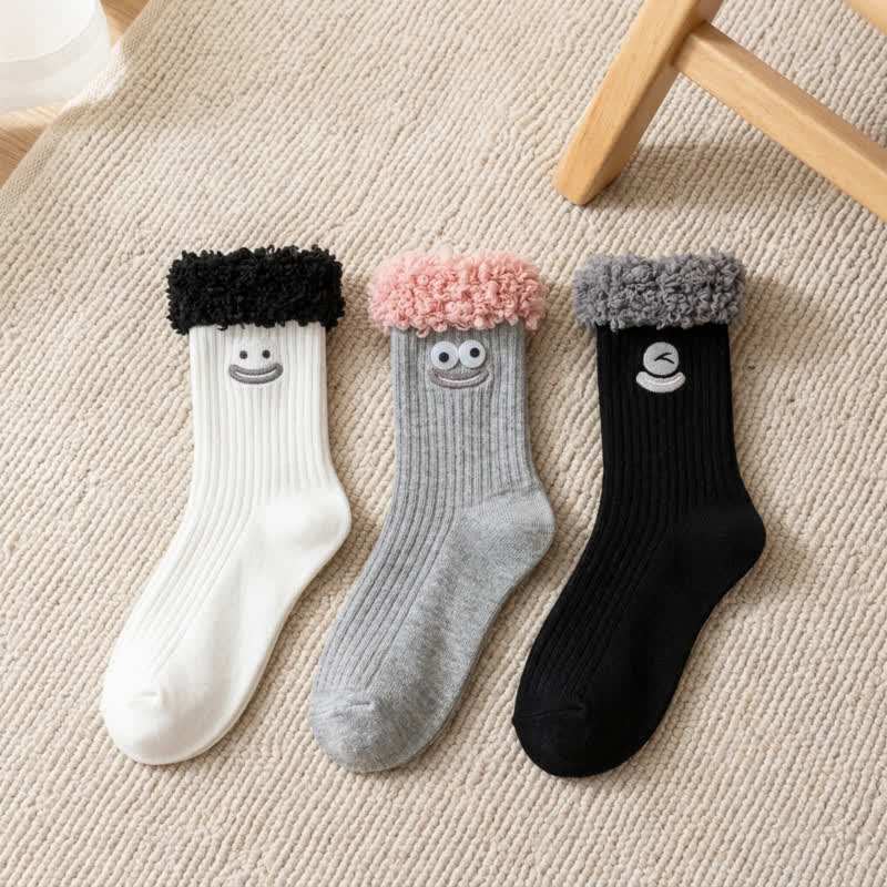 Chaussettes courtes à motif visage souriant mignon (3 paires) - Gris + Noir + Blanc - EU36-42(US3-8.5) - image 2