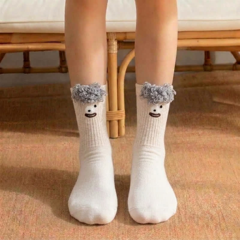 Chaussettes courtes à motif visage souriant mignon (3 paires) - Beige - EU36-42(US3-8.5) - image 0