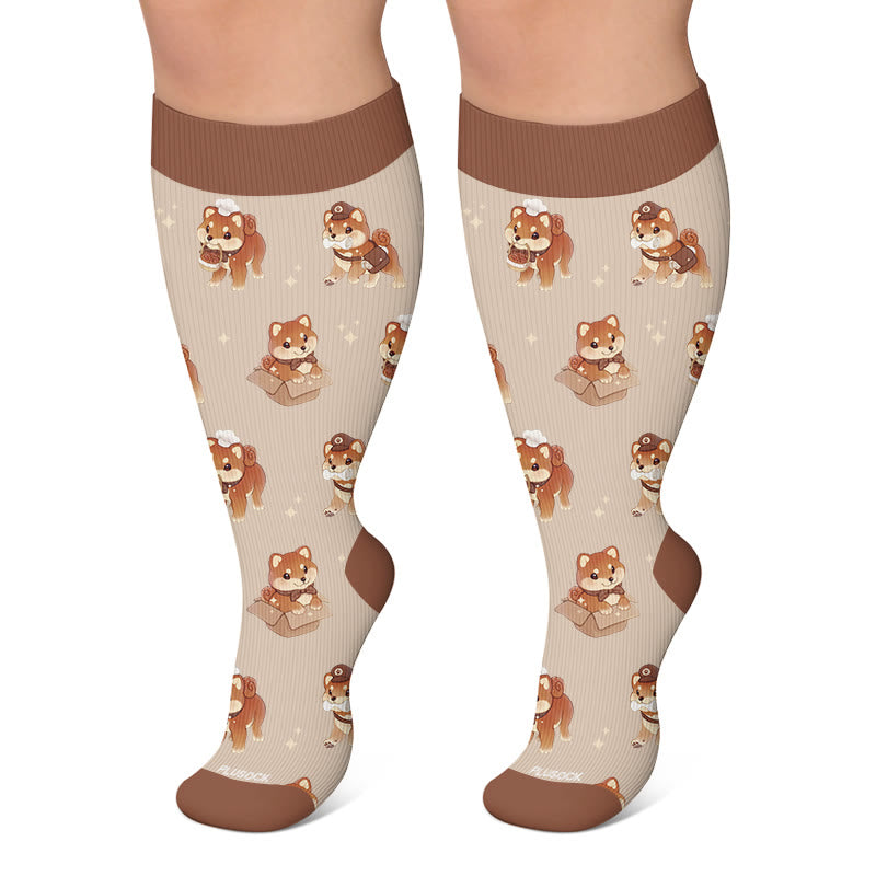 Chaussettes de compression grandes tailles à motif chaton et chiot - Brun - 4XL - image 4