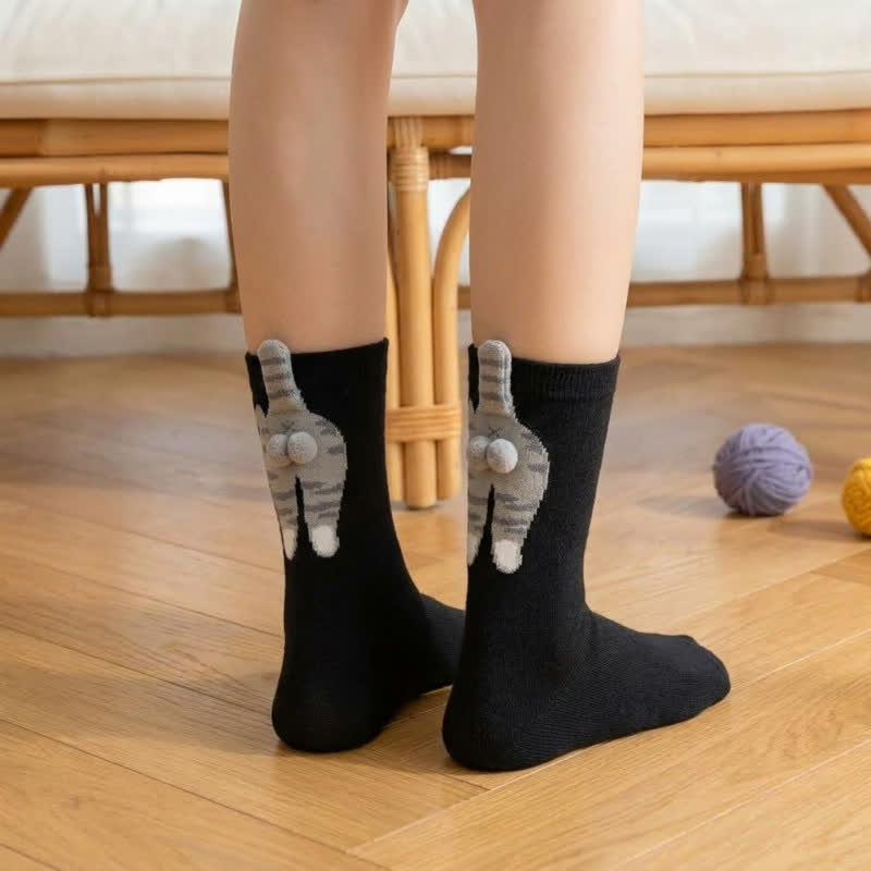 Chaussettes courtes à motif chat mignon (3 paires) - Noir - EU36-42(US3-8.5) - image 1