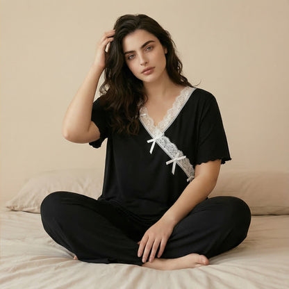 Ensemble pyjama grande taille rose pâle avec bordure en dentelle - Noir - 4XL - image 4