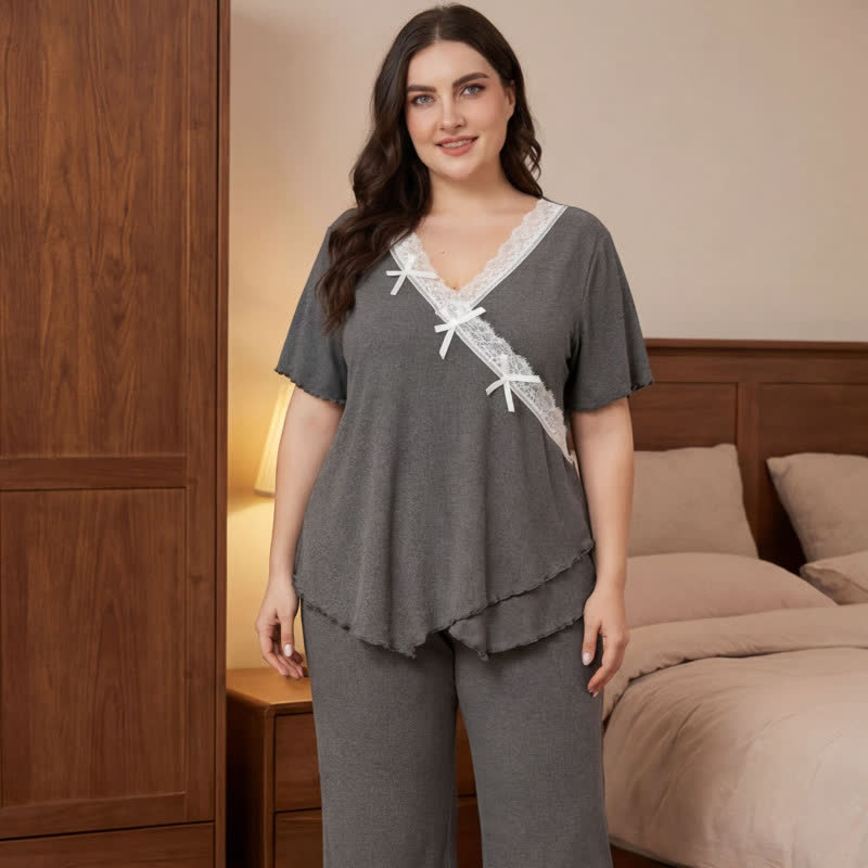 Ensemble pyjama grande taille rose pâle avec bordure en dentelle - Gris - 4XL - image 5