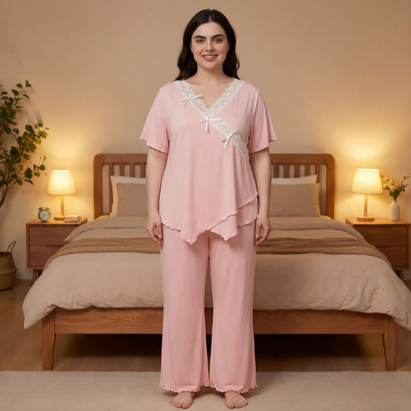 Ensemble pyjama grande taille rose pâle avec bordure en dentelle - Rose - 4XL - image 0