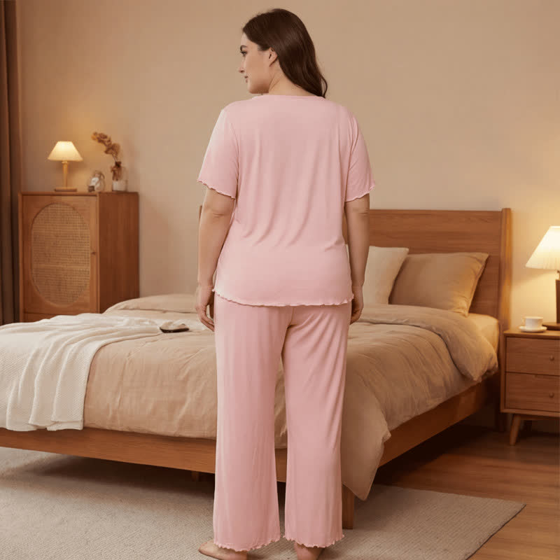 Ensemble pyjama grande taille rose pâle avec bordure en dentelle - image 2