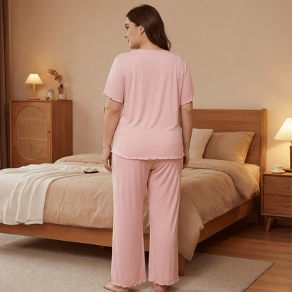 Ensemble pyjama grande taille rose pâle avec bordure en dentelle - image 2