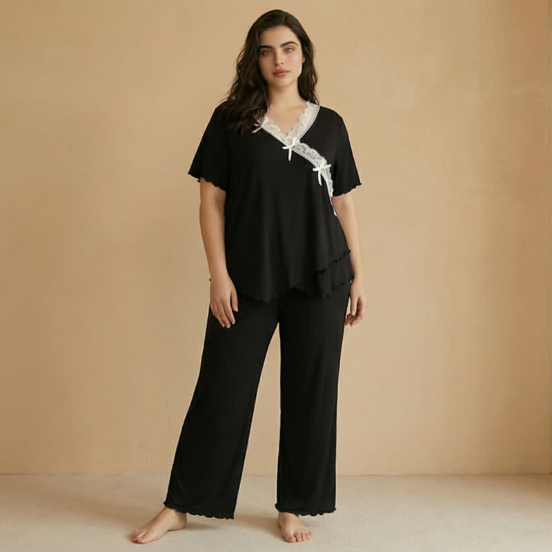 Ensemble pyjama grande taille rose pâle avec bordure en dentelle - image 3