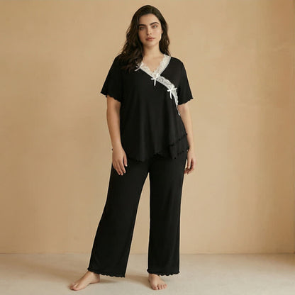 Ensemble pyjama grande taille rose pâle avec bordure en dentelle - image 3