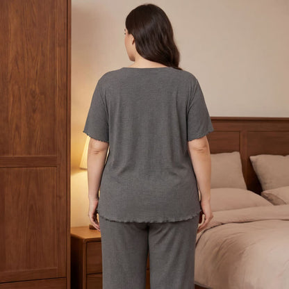 Ensemble pyjama grande taille rose pâle avec bordure en dentelle - image 7