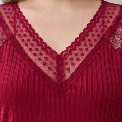 Ensemble pyjama à col en V bordé de dentelle côtelée - image 8