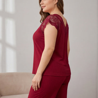Ensemble pyjama à col en V bordé de dentelle côtelée - image 7