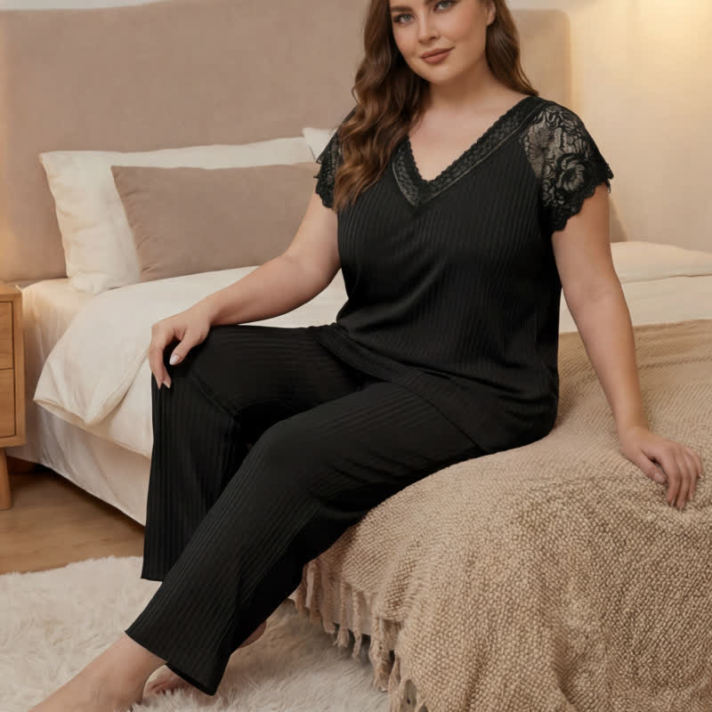Ensemble pyjama à col en V bordé de dentelle côtelée - image 3