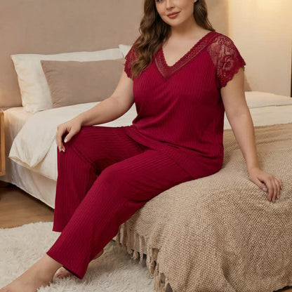Ensemble pyjama à col en V bordé de dentelle côtelée - Rouge - 4XL - image 6