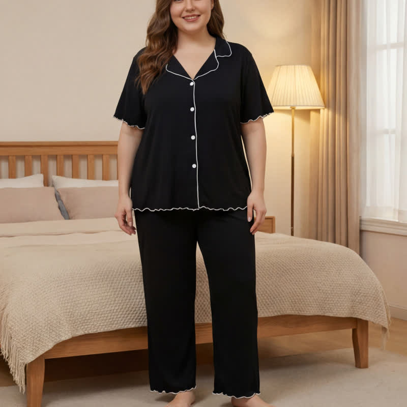 Ensemble pyjama grande taille à bordures contrastées - Noir - 4XL - image 2