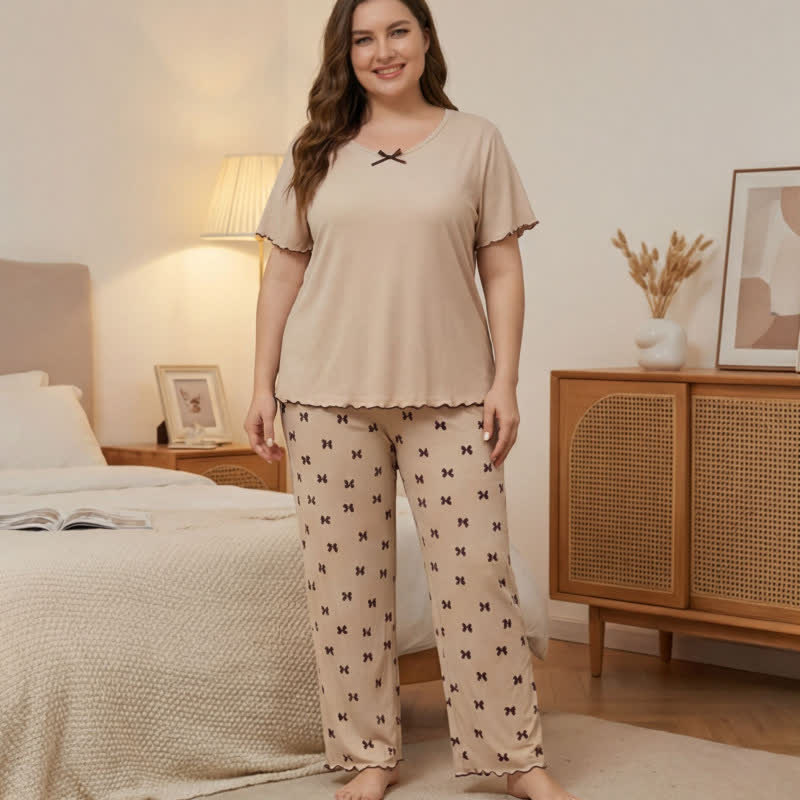 Ensemble pyjama grande taille à imprimé nœud - Beige - 4XL - image 0