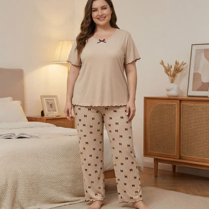 Ensemble pyjama grande taille à imprimé nœud - Beige - 4XL - image 0