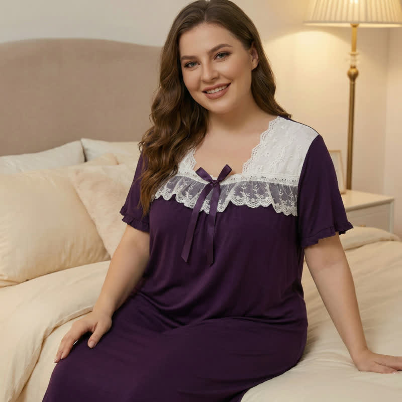Vêtements d'intérieur à bordure en dentelle et nœud - Violet - 4XL - image 7