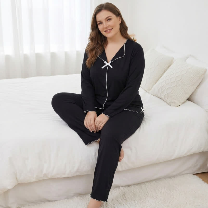 Ensemble pyjama à manches longues avec nœud papillon - Noir - 4XL - image 3