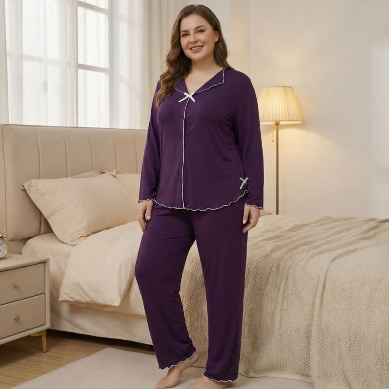 Ensemble pyjama à manches longues avec nœud papillon - Violet - 4XL - image 2
