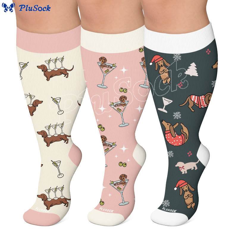Chaussettes de compression grande taille à motif teckel - image 0