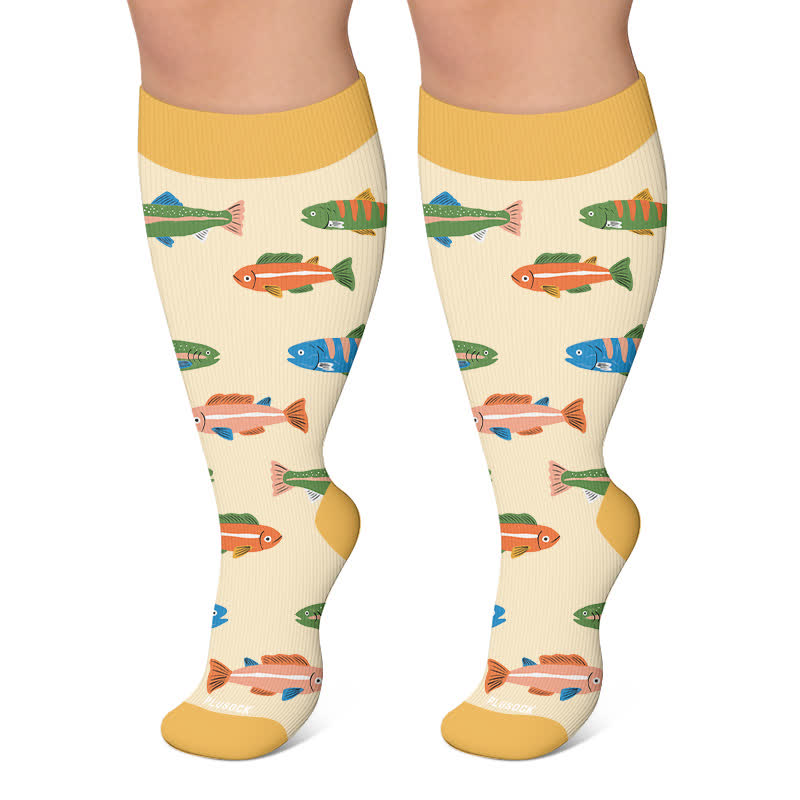Chaussettes de compression grandes tailles à motif poisson ludique - Jaune - 4XL - image 6