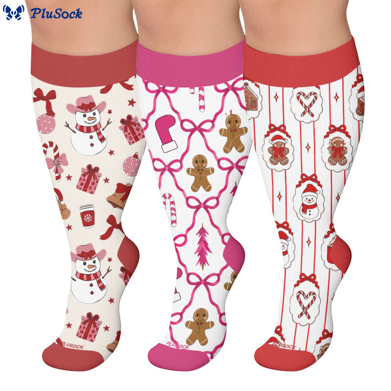 Chaussettes de compression grande taille bonhomme de neige en pain d'épice - image 0