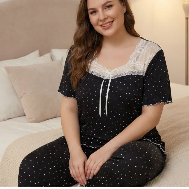 Ensemble pyjama en dentelle douce à pois - Noir - 4XL - image 1