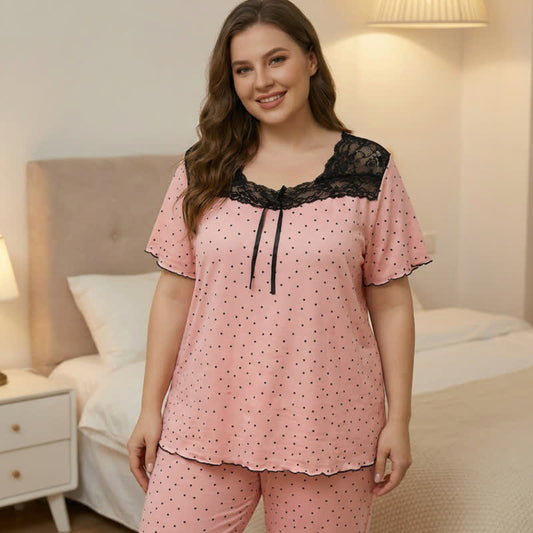 Ensemble pyjama en dentelle douce à pois - Rose - 4XL - image 0