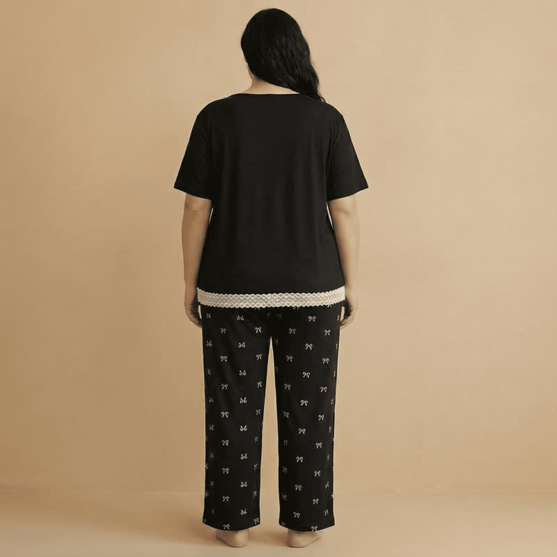 Ensemble pyjama à nœud et bordure en dentelle - image 4