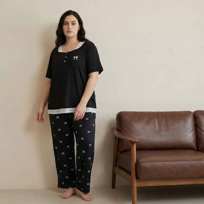 Ensemble pyjama à nœud et bordure en dentelle - image 2