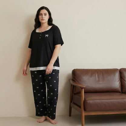 Ensemble pyjama à nœud et bordure en dentelle - image 2