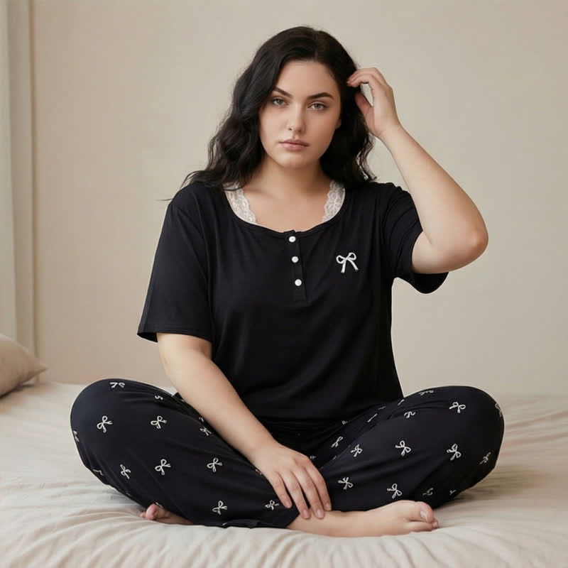 Ensemble pyjama à nœud et bordure en dentelle - image 0