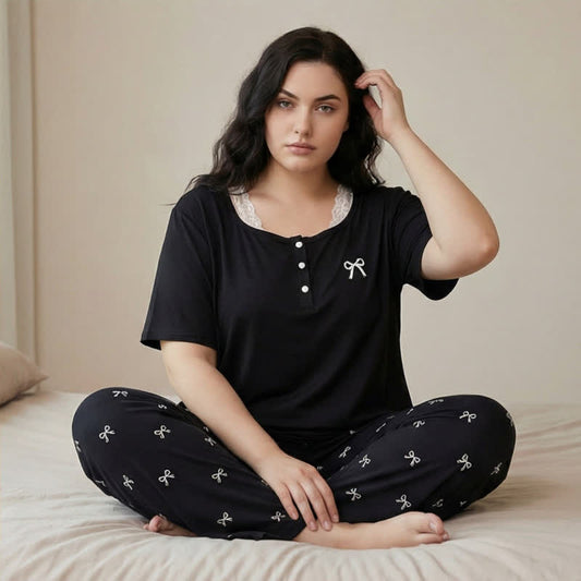 Ensemble pyjama à nœud et bordure en dentelle - image 0
