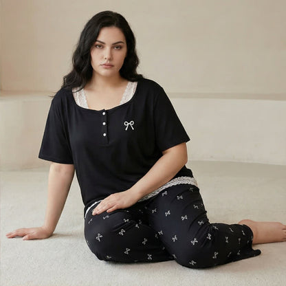 Ensemble pyjama à nœud et bordure en dentelle - image 1