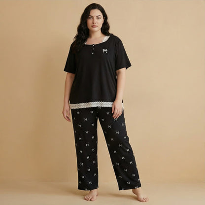 Ensemble pyjama à nœud et bordure en dentelle - Noir - 4XL - image 3