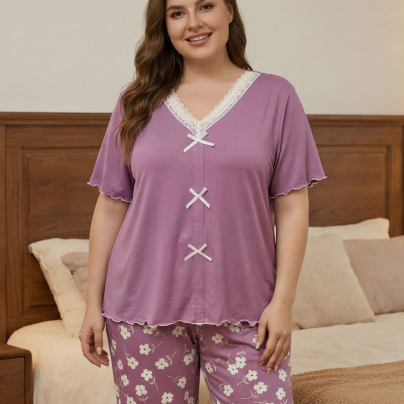Ensemble pyjama nœud papillon en dentelle fleurie - Violet clair - 4XL - image 2